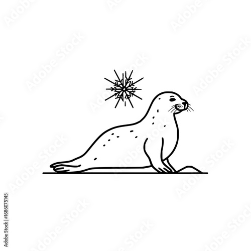 Illustration of a spotted seal resting on land with a snowflake above it in black and white line art