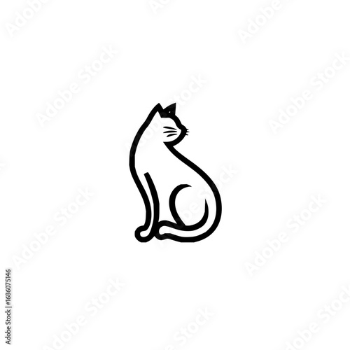 Simple black and white line drawing of a cat sitting in a stylized and minimalist design with whiskers