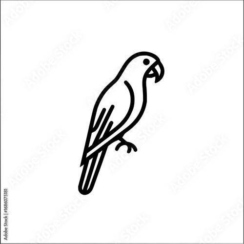 A simple black outline drawing of a perched parrot with a curved beak and detailed wing feathers design