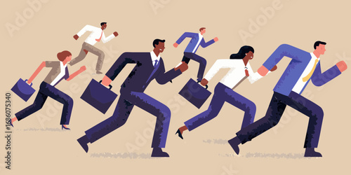 Diverse group of business professionals running forward with briefcases in a race for success