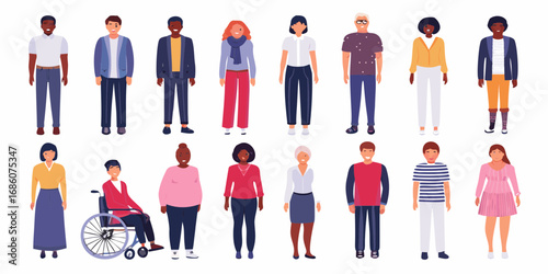 Diverse group of people standing together showcasing different ethnicities ages and abilities in casual clothing