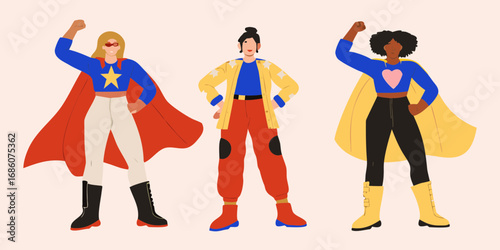 Three diverse women in superhero costumes standing confidently with fists raised
