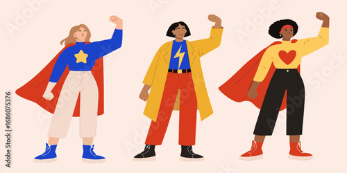 Diverse women in superhero poses with capes and bold colors representing strength and empowerment