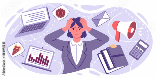 Overwhelmed businesswoman feeling stressed and anxious with many tasks and work items surrounding her