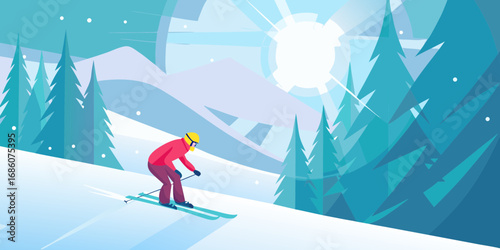 Stylized illustration of a skier descending a snowy mountain slope surrounded by pine trees under a bright sun