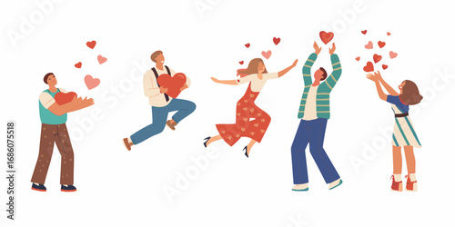 Diverse group of people joyfully celebrating and sharing hearts on a white background