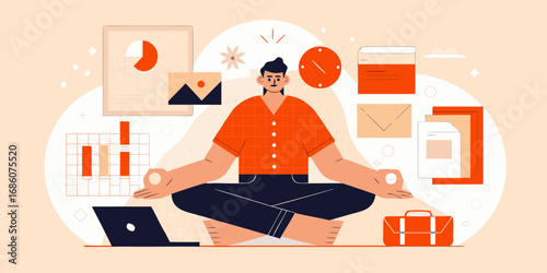 Man meditating surrounded by business and data elements promoting work life balance