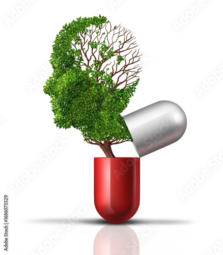 Mental Health medicine or brain pill as a neurology medication for memory loss or neurological function as cognitive pharmaceutical for degenerative disease of the mind as a pill with a growing tree.