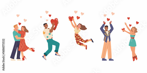 Diverse group of people celebrating love and happiness with hearts floating around them