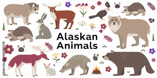 Collection of cute cartoon alaskan wildlife animals and plants