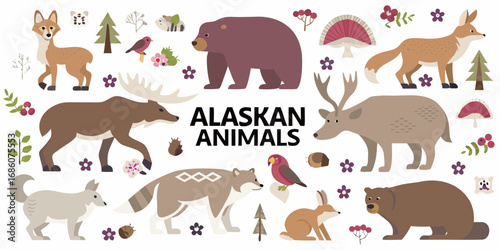 Collection of cute cartoon alaskan animals and nature elements in flat design style