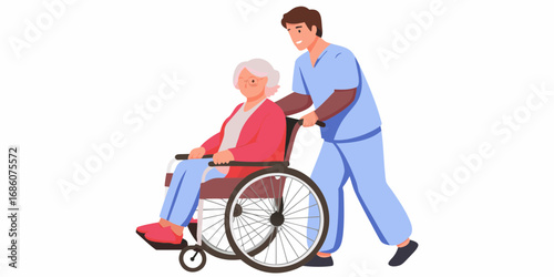 Caring male nurse pushing an elderly woman in a wheelchair with a smile