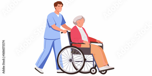 Caring male nurse pushing a smiling elderly woman in a wheelchair