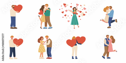 Collection of diverse couples and individuals celebrating love with hearts on a white background