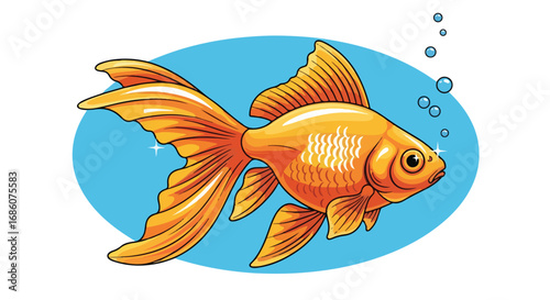 Serene cartoon depiction of a goldfish swimming gracefully in a turquoise bubble with rising bubbles, showcasing stylized illustration techniques