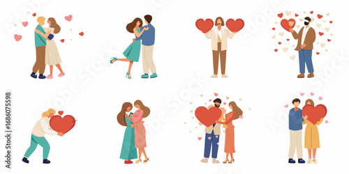 Collection of diverse couples embracing and holding hearts celebrating love and romance