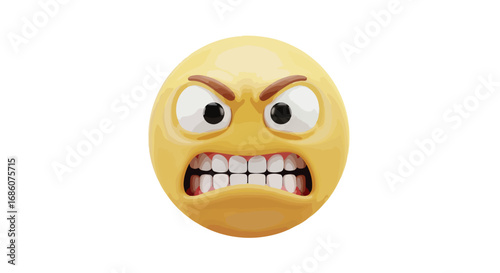Frustrated digital yellow face emoji with intense furrowed brow expressing negative sentiment and teeth clenched in anger isolated against clean