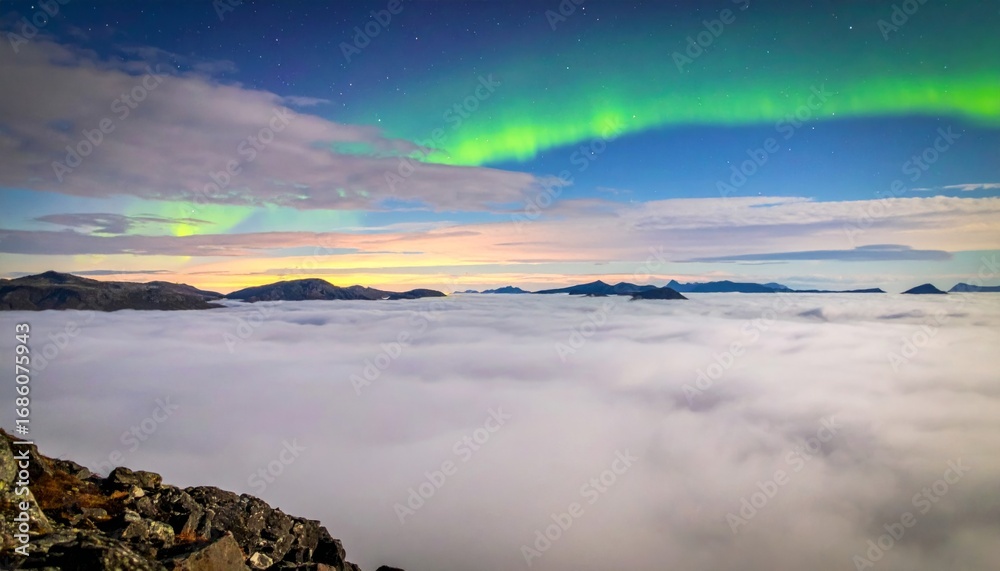 Fototapeta premium Mesmerizing Aurora Borealis Over Foggy Mountain Landscape at Dusk
