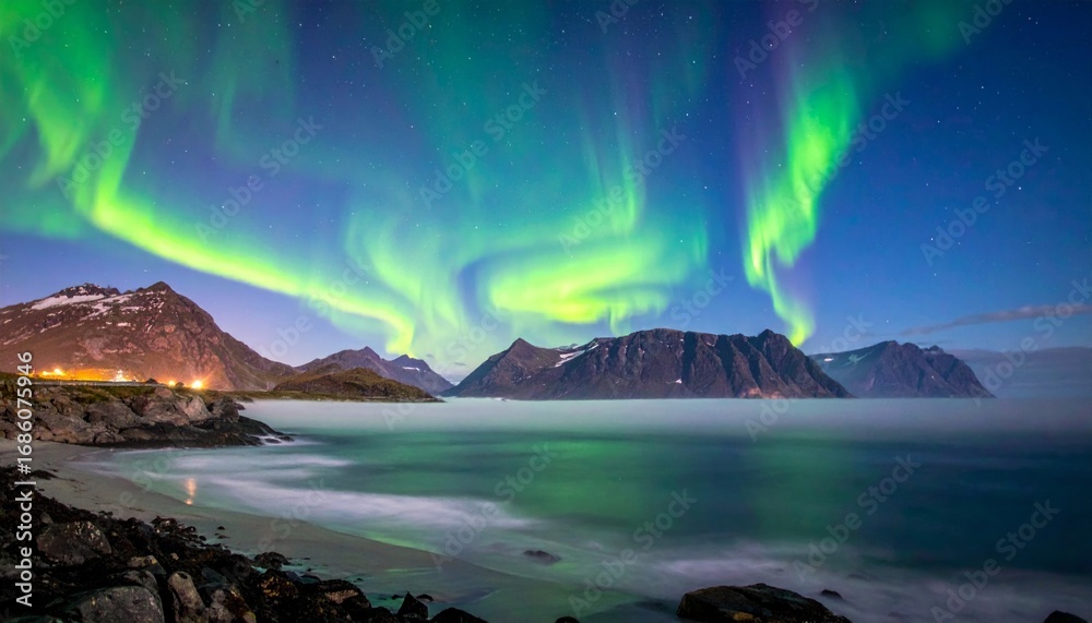Naklejka premium Majestic Aurora Borealis Over Serene Coastal Landscape at Night