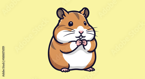 Charming hamster cartoon character with a sweet expression against a soft yellow background, radiating joy and playful innocence
