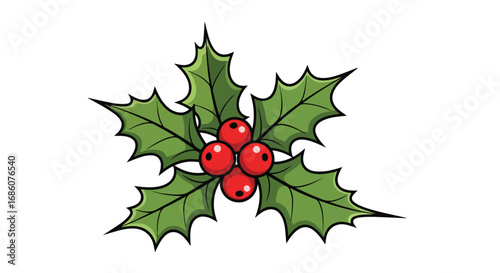 Festive botanical illustration featuring vibrant green holly leaves and bright red berries evoking winter holiday cheer and natural beauty