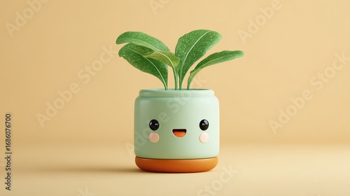 Cute cartoon greenery in a flower pot with happy expression, cute smile and big eyes, 3D rendered illustration suitable for children's toys or game icon character design concepts.