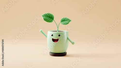 Cute cartoon greenery in a flower pot with happy expression, cute smile and big eyes, 3D rendered illustration suitable for children's toys or game icon character design concepts.