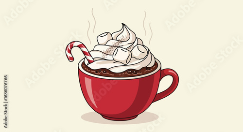 Cozy winter treat illustration: Steaming hot chocolate with whipped cream and candy cane design