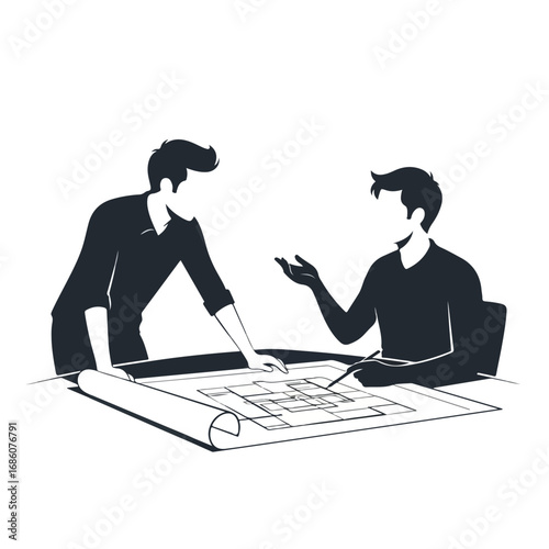 Two architects collaborating on a building project blueprint.