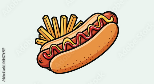 Delicious Hotdog Topped with Mustard and Ketchup with a Side of French Fries Graphic Illustration