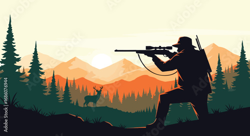Silhouette Hunter Aiming at Deer in a Serene Mountain Landscape at Sunset Creates a Dramatic and Picturesque Scene