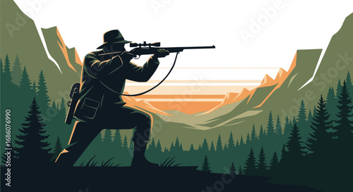 Silhouette of a hunter aiming with a rifle against a backdrop of stylized mountains and trees at sunrise
