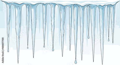 Detailed Illustration of Shimmering Icicles Hanging from a Snowy Surface on a Light Background