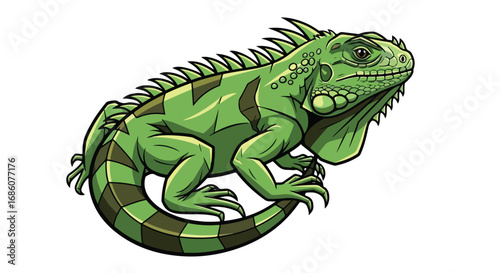 Stylized depiction of a green iguana showcasing its distinctive spiky scales and textured skin with dark lines, capturing its reptilian essence 152
