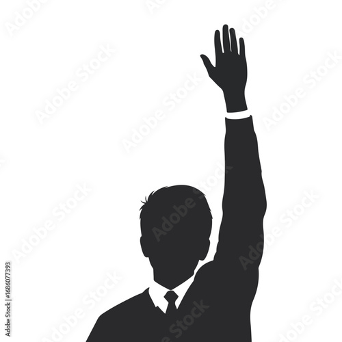 Black silhouette of a man in a suit raising his hand.