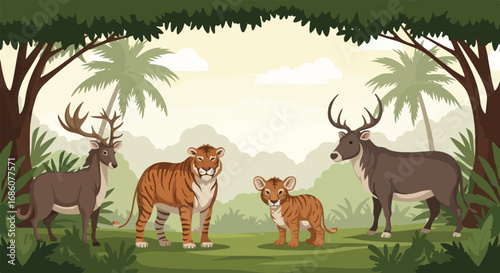 Animated woodland wildlife scene featuring a tiger family and deer in their natural habitat showcasing calm coexistence within a diverse ecosystem