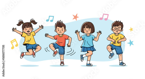 Joyful Children Dancing to Music Notes, Celebrating Fun Activities and Playful Movement, Showcasing Boundless Energy and Friendship in Harmony
