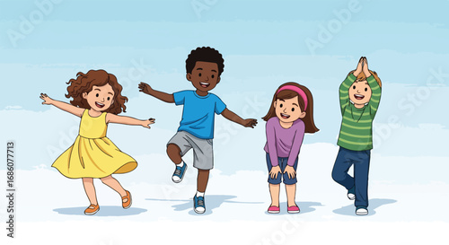Diverse children joyfully play and practice yoga poses outdoors creating a playful and healthy scene that celebrates childhood exuberance