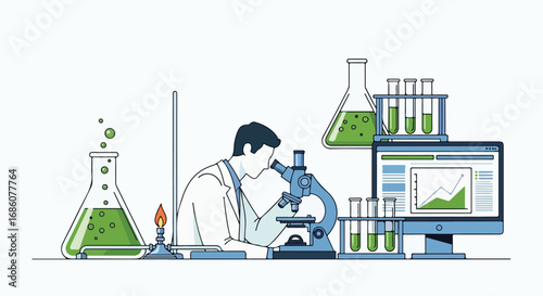 Scientist inspecting sample under microscope for medical research innovation in laboratory process experiments and data analysis discovery with