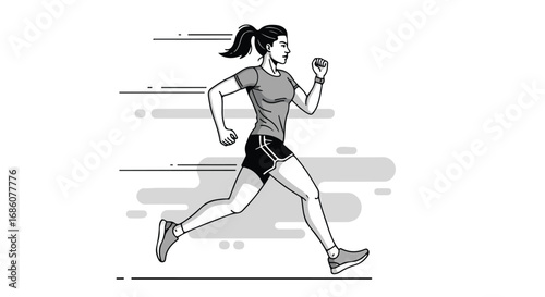 Dynamic monochrome illustration of a determined woman sprinting with linear motion effects conveying speed and athleticism, enhanced by subtle