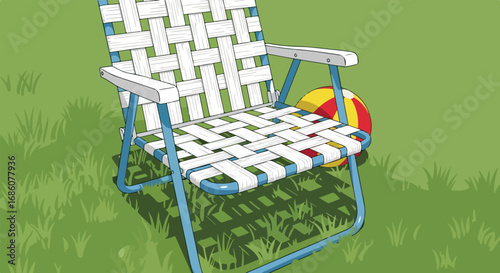 Nostalgic Woven Lawn Chair with Beach Ball on Grass - Evokes Relaxation and Summer Memories in an Illustration