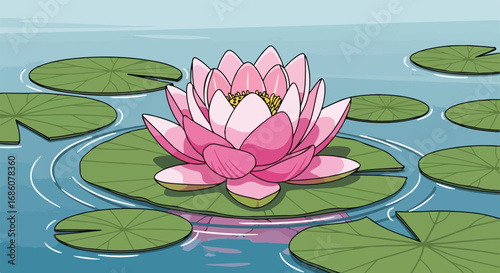 Captivating depiction of a pink lotus blossoming amidst vibrant lily pads on a tranquil pond surface