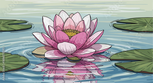 Elegant vector illustration of a pink lotus flower and water lily pads floating on a calm pond surface with reflected light and ripples