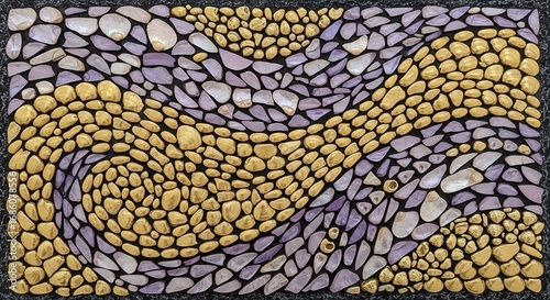 Iridescent shell mosaic with gold and lavender hues on textured