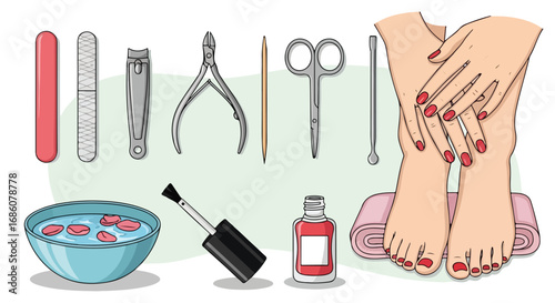 Illustration showcasing beauty treatment essentials for healthy hands and feet and tools kit for nail care and pedicure at home spa relaxation