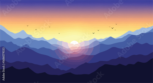 Gradient Layers of Mountain Peaks with Birds and Sunrise, a Serene Landscape Depiction