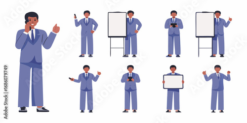 Collection of diverse business professionals in suits demonstrating various actions and holding presentation tools