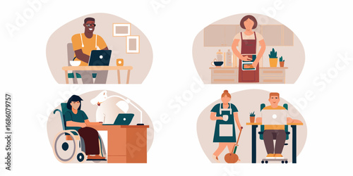 Diverse people working and living in modern homes with different professions and abilities