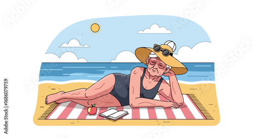 Elderly woman basking in the sun on a sandy beach, enjoying summer vacation with a book and an apple for a refreshing snack beside the calming ocean