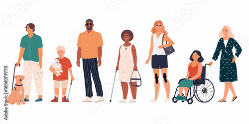 Diverse group of people with disabilities and a service dog standing together